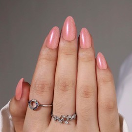 Short Press on Nails Almond Fake Nails Solid Color Nails Press Ons | Acrylic Nails Kit Soft Gel Press On Nails Short with Nail Glue | 16 Sizes - 32 Pcs Nail Kit (Peach Glitter, 32 Pcs)