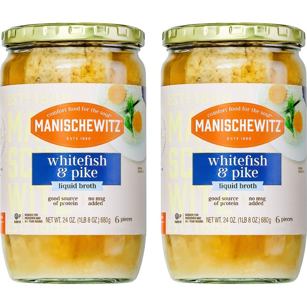 Manischewitz Whitefish & Pike Gefilte Fish in Liquid Broth 24oz (2 Pack), All Natural, Packed with Protein, No Added MSG, Kosher for Passover