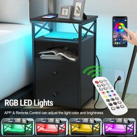 Livofloral LED Nightstands with Wireless Charging Station, End Tables Set 2 with LED Lights, Bedside Table with Wooden Drawers, Black Night Stands Set of 2 for Bedrooms, Side Tables Living Room