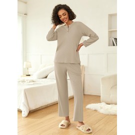 Ekouaer Waffle Knit Pajamas for Women Set Long Sleeve Pants Pj Henley Tops Lounge Sets Comfy Sleepwear with Pockets Khaki L