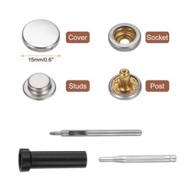 HARFINGTON 24 Set Leather Snap Fasteners Kit 15mm Metal Snap Button Press Studs Leather Rivets Snap with 3 Setter Tools for Clothes Jackets Jeans Wears Bags, Silver Tone
