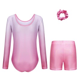Cucudy Gymnastics Leotards Girls Dancing Set - with Shorts and Headband Sparkling Gradient Color Ballet Gymnastics Outfit for 5-12 Years Girls Unitards Gift (PINK LONG SLEEVE, TAG 6A(5-6 YEARS))