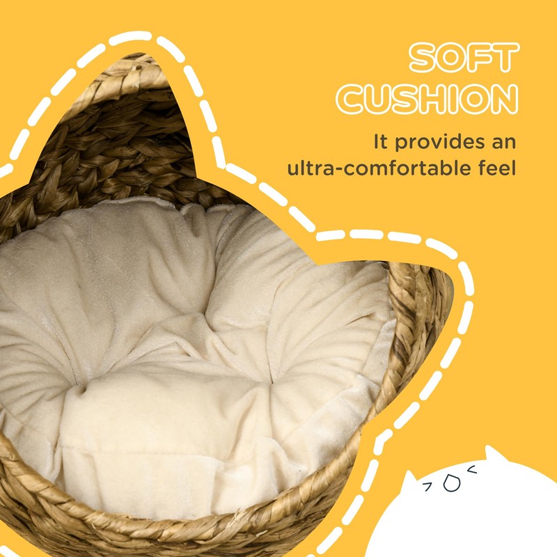 PawHut Handwoven Elevated Cat Bed with Soft Cushion & Egg