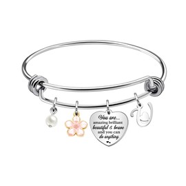 Inspirtional Bracelet Gift,Funny 26 Letter Initial A-Z Silver Heart Dangle Bangle For Women Lady Daughter Mom Sisters Friends Colleague Birthday Christmas Reminder Jewelry (U)