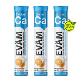 EVÄM Calcium Brausetabletten Orange I Geschmack Orange I 3x 20 Stück I Nahrungsergänzungsmittel mit wichtigen Vitaminen für den täglichen Vitaminbedarf I Vegan I Zuckerfrei I Made in Germany
