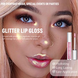 Wugbc Glitter Lip Gloss Pink Chameleon Chrome Liquid Lipstick, Non-Sticky Shimmer Holographic Metallic Lips Long Lasting Waterproof Smooth Sparkly Diamond Highly Pigment Lip Stain Makeup for Women