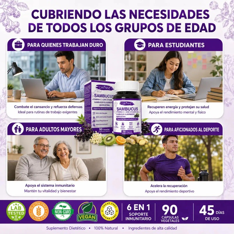 Gwynne Sambucus Suplemento Extracto Sauco 1000mg Vitamina Zinc Quercetina Soporte