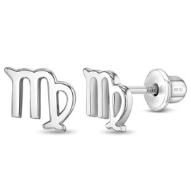 925 Sterling Silver Polished Virgo Zodiac Sign Safety Screw Back Earrings For Toddlers Little Girls and Preteens - Tiny Virgo Horoscope Astrology Children's Earrings