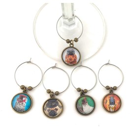 Cat and Dog Wine Glass Charms - Cute Steampunk Drink Markers - Set of 5
