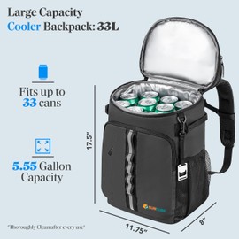 SUN CUBE Cooler Backpack 33 Can, Leakproof Insulated Backpack Cooler for Men Women, Camping Cooler Backpack for Beach Travel Hiking, Waterproof Lunch Backpack, Grey