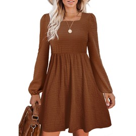 Doreyi Winter Dress for Women Long Sleeve Square Neck Dress for Women Elastic Waist Dresses for Women Brown