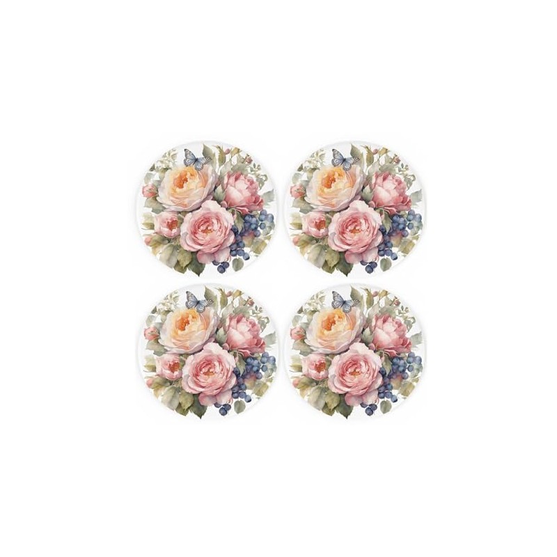 Butterfly Bouquet Ceramic Coaster Set - Floral Roses Print Set