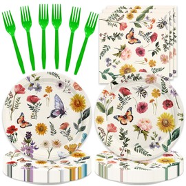 48Pcs Wildflower Birthday Party Supplies Include Plates Napkins Forks for 16 Guests Floral Paper Plates Vintage Flower Tea Party Decorations