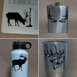 Elk Deals 4 Pack: Elk Raking Tree, Detailed Elk Head, Elk Antlers, Elk Silhouette (Black, Small ~3.5")