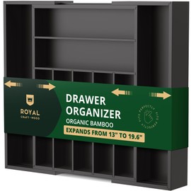 ROYAL CRAFT WOOD Luxury Bamboo Kitchen Drawer Organizer - Silverware Organizer - Utensil Holder and Cutlery Tray with Grooved Drawer Dividers for Flatware and Kitchen Utensils (9 Slot, Black)