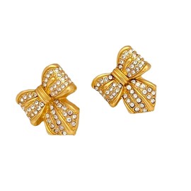 Golden Bow Zircon Earrings S925 Pure Silver Needles Bowknot Bow Tie Earrings Studs for Women Plated 18K Real Gold