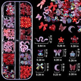 Kikonoke 2 Boxes 3D Flower Nail Charms Butterfly Bow Snake Rabbit Bear Shaped Nail Art Rhinestones Gems for DIY Nail Art Decoration Making Craft (Red)