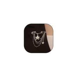 Punk Gold Star Moon Tassel Chain Brooch for Women Vintage Silver Rhinestone Moon Star Brooch Y2K Pins Crystal Fringe Sweater Shawl Clips Collar Brooch (Silver)