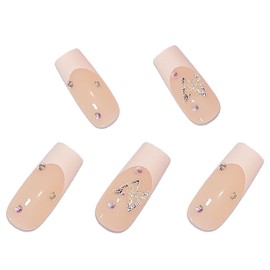 BABALAL Square Press on Nails Medium Fake Nails White French Tip Acrylic Nails 3D Butterfly Rhinestone False Nails 24Pcs Ballerina Nails for Women and Girls