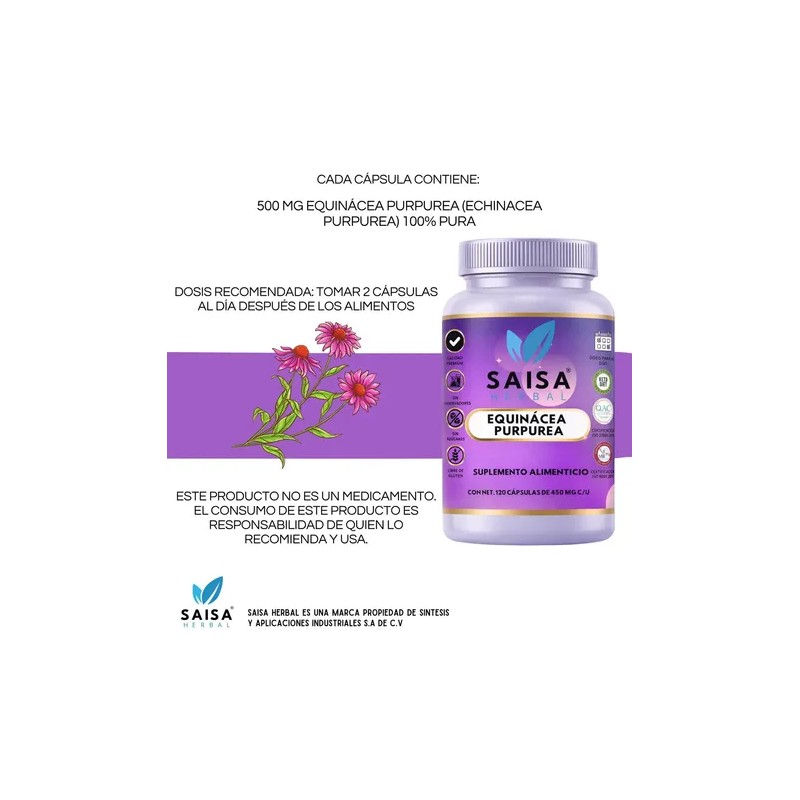 Equinacea Pura Premium 100 120 Cáp Suplemento Alimenticio Saisa Herbal