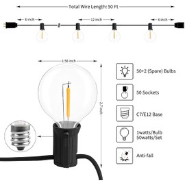 Outdoor String Lights – 50ft Connectable Patio Lights with 52 G40 LED Plastic Bulbs (2 Spare) Outside Vintage Hanging Lights for Backyard Bistro Balcony Porch Party Wedding, E12, 2200K, Black