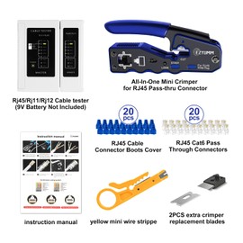 RJ45 Crimp Tool Kit, Pass Through Ethernet Crimper, Professional Ethernet Crimping Tool Kit, RJ45 Crimp Tool and Tester(9V Battery Not Included) All-In-One Kit for Cat5e Cat6 Cat6a 8P8C