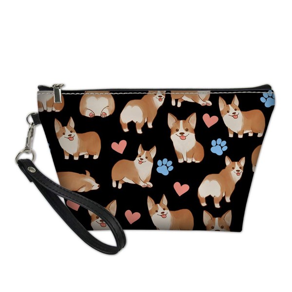 Showudesigns Dog Print Small Cosmetic Bag Top Zipper Cosmetic Bag for Women Travel Toiletry Bag Kids Girls School Pencil Case Zipper Corgi Heart Black