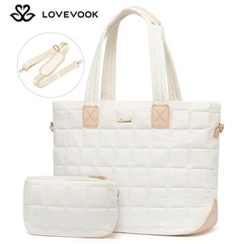LOVEVOOK Mothers' Day 15.6'' and 17.3'' Laptop Tote Puffer Bag for Women, Spring Glow Up Large Puffy Shoulder Bag for Work, Lightweight Quilted Travel Tote Bags for College, Work, and Everyday Use, Nylon Crossbody Bag with Clutch Purse.:_Beige_M