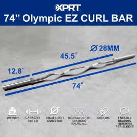 XPRT Fitness 74''  Olympic EZ Curl Barbell Extra Long Shaft Length 45''