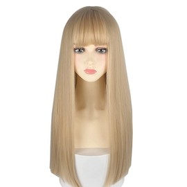 URCGTSA 22 Inches Long Straight Hair for Women Blonde Synthetic Hair Natural Golden Wig With Bangs Party Cosplay Wig (White Gold)