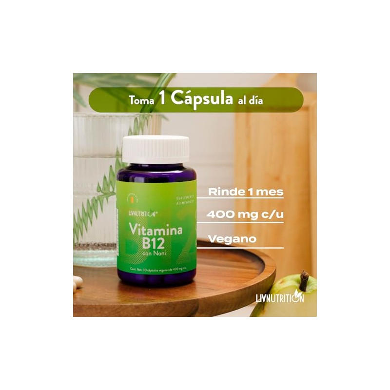 Liv Nutrition Vitamina B12 Noni 400 Cápsulas Veganas Gluten Suplemento