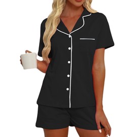 AUGCONE 100% Cotton Women's Pajama Sets Loungewear Button Down Soft Pjs Shorts with Pockets(Black, XL
