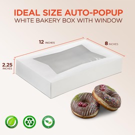 Fit Meal Prep 25 Pack White Bakery Boxes with Window, 12 x 8 x 2.25 Inches Auto-Popup Cookie Boxes, Treat Boxes for Chocolate, Muffins, Donuts, Pastries and Macaroons