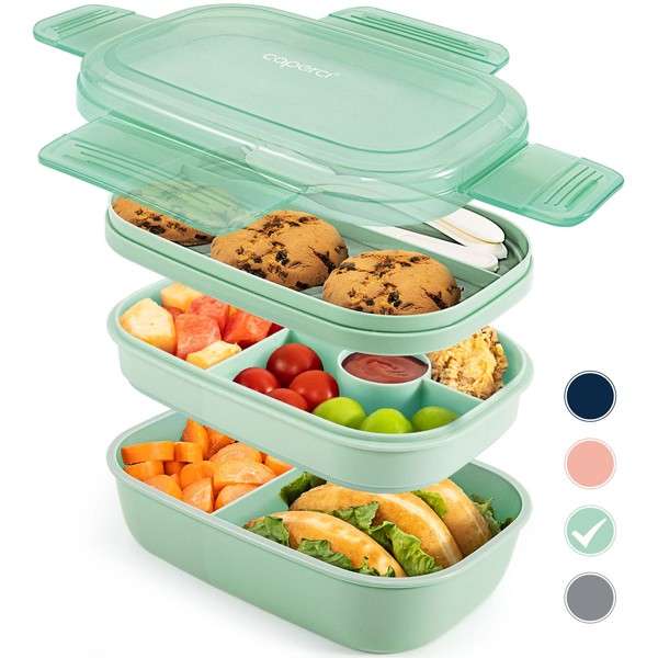Caperci Stackable Bento Box Adult Lunch Box - 3 Layers All-in-One Lunch Containers with Multiple Compartments for Adults & Kids, 55 oz Large Capacity, Built-in Utensil Set & BPA Free (Green)
