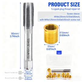 HerFarCai Spark Plug Thread Repair Kit M14x1.25 | High Speed Steel Tap Spark Plug with M14x1.25 Inserts and M16x1.25 Tap | Thread Repair Tool for Automotive Engine