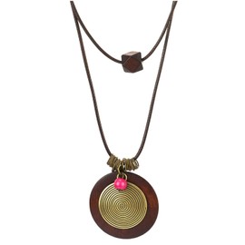COOLSTEELANDBEYOND Bronze Spiral and Wood Disc Pendant, Two Layers Cotton Rope Necklace for Women, Bohemian Statement Jewellery, Cotton rope and wood, No Gemstone