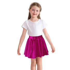 KAVUNEST Girls Metallic Skater Skirts Shiny Pleated Flared Mini Tutu Skirt for Special Festival and Birthday Party Hot Pink, 5-6 Years