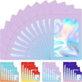 EgticLive 100 Pack Holographic Mylar Bags with Window, Resealable Bags for Small Business Gradient Color ZipLock Packing Bags for Samples, Party Favors