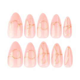 Almond Press on Nails Medium Fake Nails Pink Fake Nails with Gold Designs Glue on Nails Glossy Full Cover Stick on Nails Cute Artificial Nails for Women 24Pcs