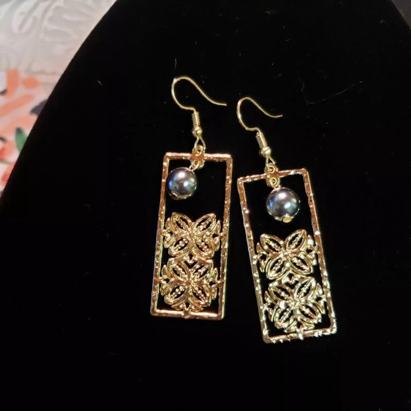 Handmade 14kt GP Quilted flower Pearl Dangle Earrings, Dangle earrings,