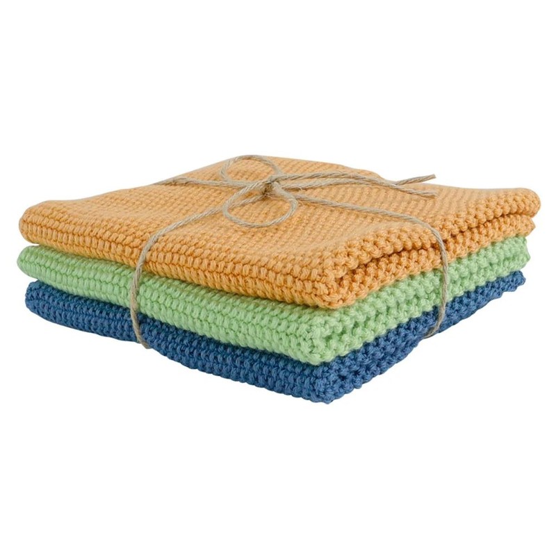 Redecker Dish Cloth - Knitted Cotton (Set of 3), Pink/Grey/Blue
