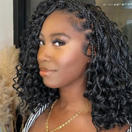 Goddess Box Braids Crochet Hair 8 Inch Crochet Boho Box Braids Pre Looped 8 Packs Boho Hair For Black Women With Curly Ends (8 Inch, 1B)