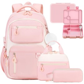 Bevalsa School Backpack for Girls, Bookpack with Bento Lunch Box, Insulated Bag & Utensils, 43oz Lunch Containers with 6 Compartment Schoolbag Set for Kids Elementary Middle Student (Pink)