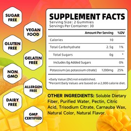 Potassium Citrate Gummies, High Potassium Supplement Gummies 1200mg Support Leg Cramps & Muscle Health, Potassium Gummies for Adults & Kids, Vegan, Mango Flavor 60 Count