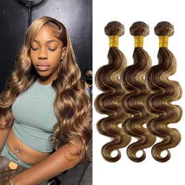 Dokksiiia Highlight Honey Blonde Bundles with Chocolate Brown Ombre P4/27 Piano Color Body Wave Bundles Human Hair Double Weft Brazilian Human Hair Sew-In Weave Extensions 20 22 24 Inch
