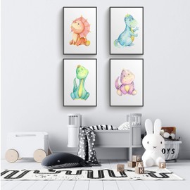 Donari ® - Set of 4 Posters for Children in A4 - Beautiful Posters for the Children's Room - Decoration for the Children's Room - Dinosaur Posters (Dino Set)