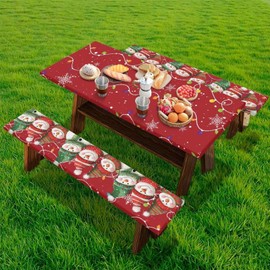 Mintulipy 3 PCS Fitted Picnic Table Cover with Bench Cover Fitted Rectangle Tables and Seats Christmas Lights Snowmen Outdoor Picnic Table Cover for Camping