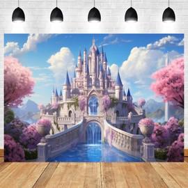 ASDCXZ 10x8ft Princess Castle Backdrop Pink Floral Blue Sky Photography Background White Cloud Forest Mountain Girls Birthday Baby Shower Banner Decorations Wedding Party Portrait Photo Booth Prop