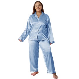 Vozanet Women's Plus Size Button Down Pajama Sets Satin Silky Long Sleeve Long Pants Sleepwear Loungewear Nighty XL to 5XL 2pcs Ladies V Neck PJS Jammies, Sky Blue, 5X-Large