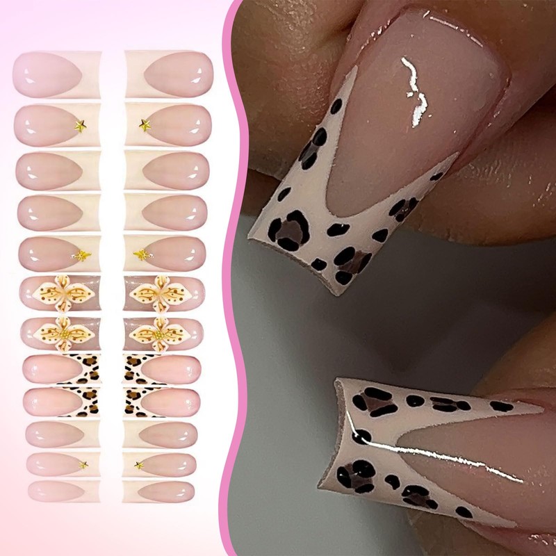 LunarCharm 24 Pieces French Tip Press-on Nails with Leopard Pattern,
